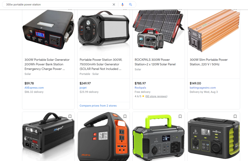 Different prices of portable power station according to search results in google