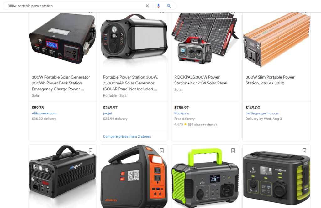 Preços diferentes de estação de energia portátil de acordo com resultados de pesquisa no google