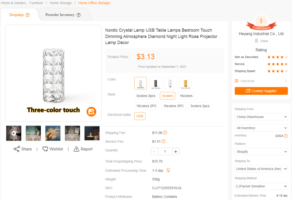 Coût de livraison directe de la lampe en cristal sur CJ Dropshipping