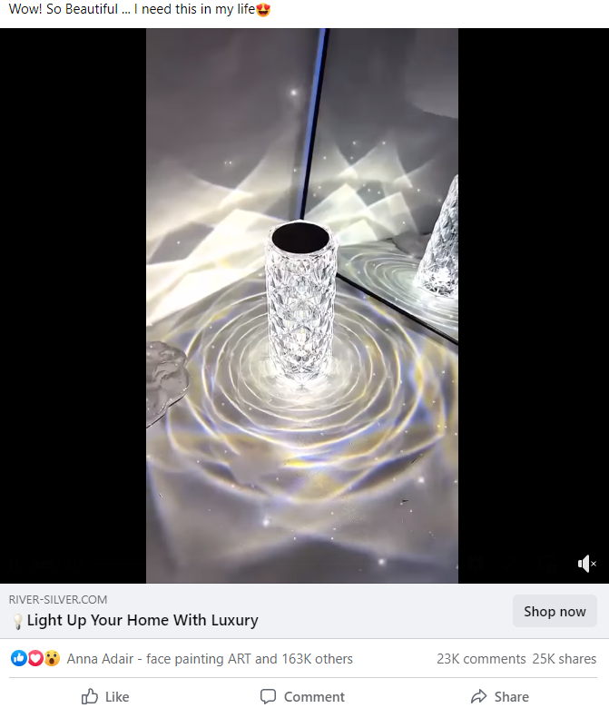 Popular marketing posts and videos about the crystal lamp on social medias such as and Facebook