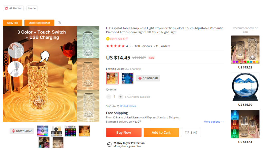 Dropshipping cost of crystal lamp on Aliexpress