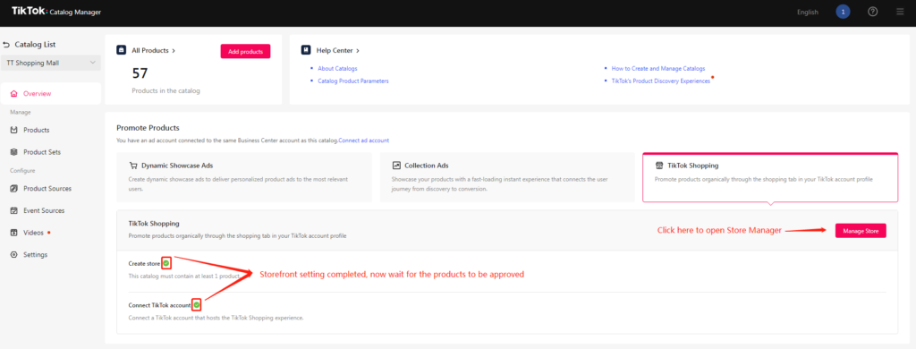 click Connect to TikTok Account in the catalog interface to do the connection
