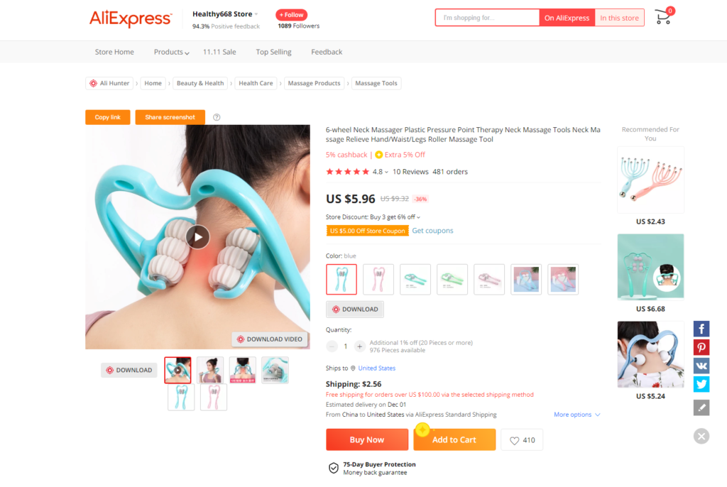 dropshipping price of neck roller massager from AliExpress