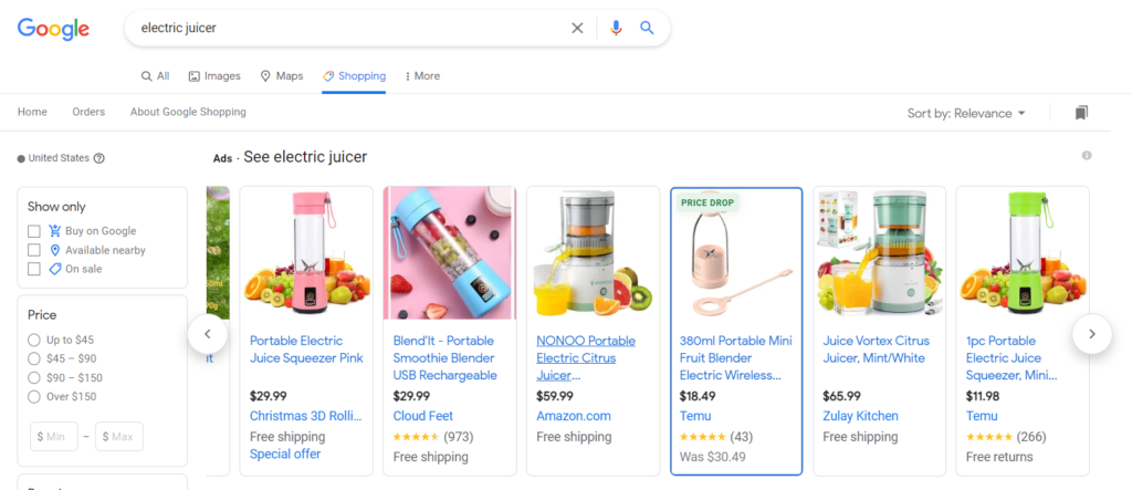 Google search for electric juicer.