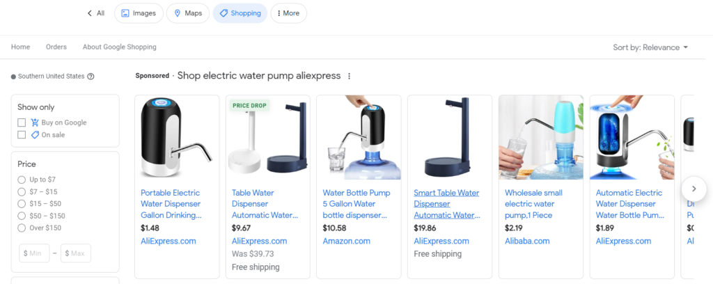 Google-Suche nach elektrischer Wasserpumpe.