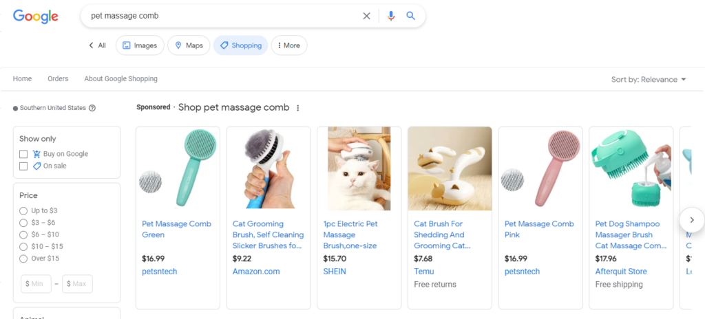 búsqueda en google de peine de masaje para mascotas.