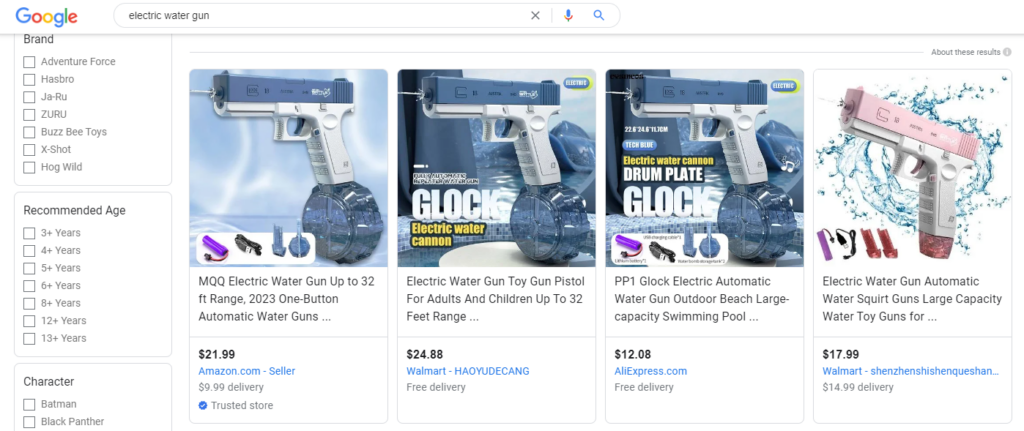 Google-resultaat voor elektrisch waterpistool.