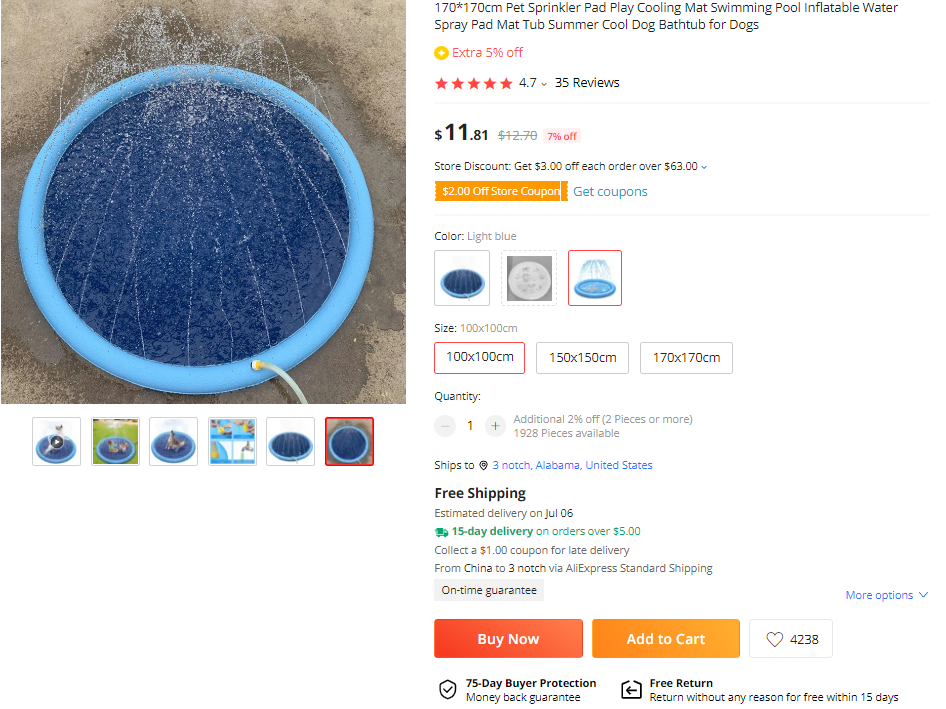 Product page of splash pad.