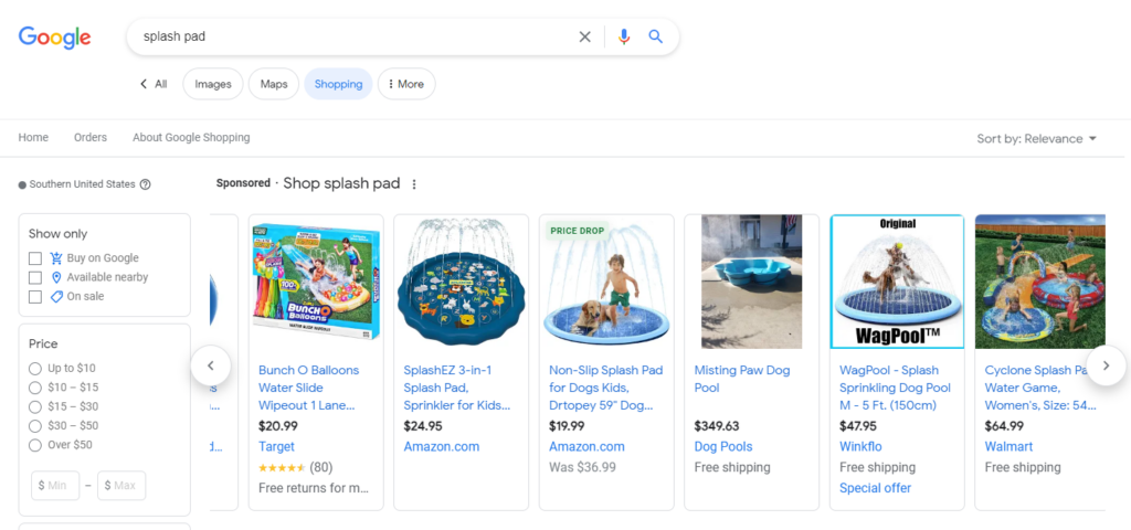 google search for splash pad.