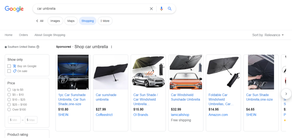 Google result for car umbrella.
