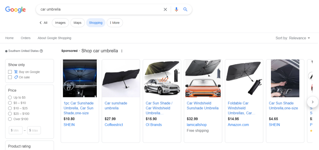 Risultato di Google per ombrello per auto.