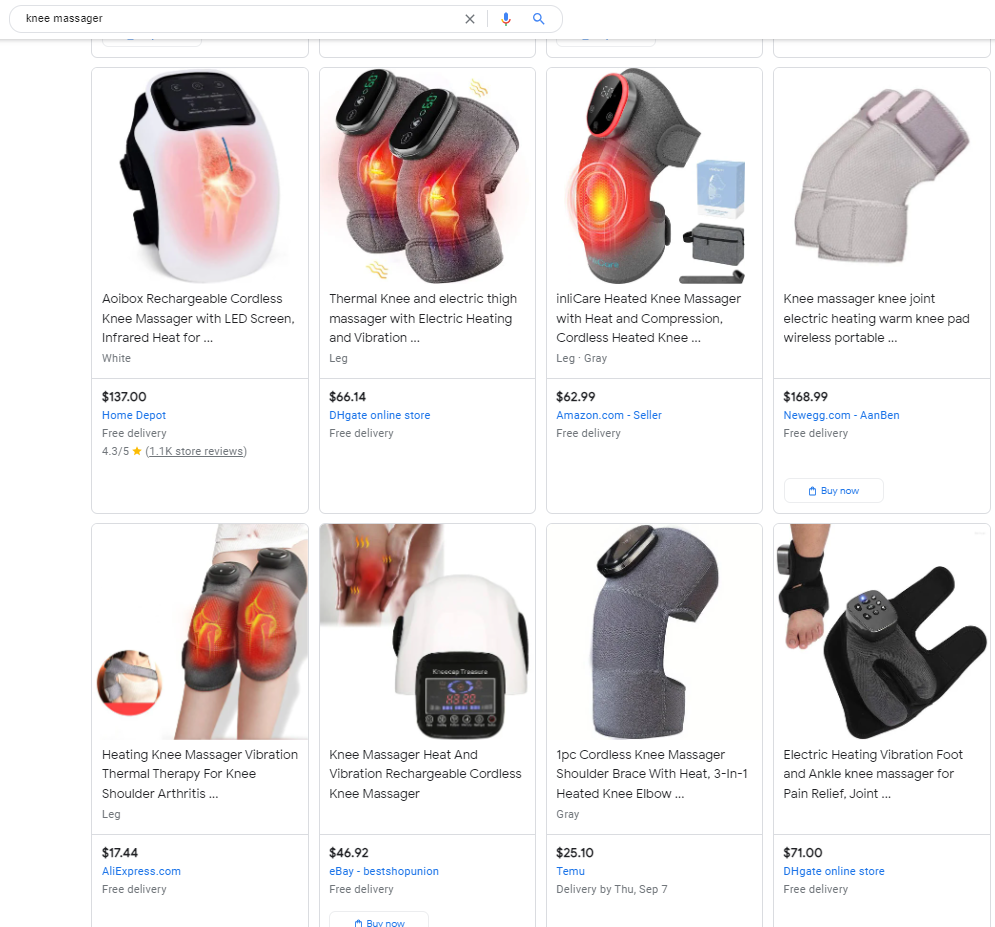 加熱膝マッサージャーのGoogle検索結果。