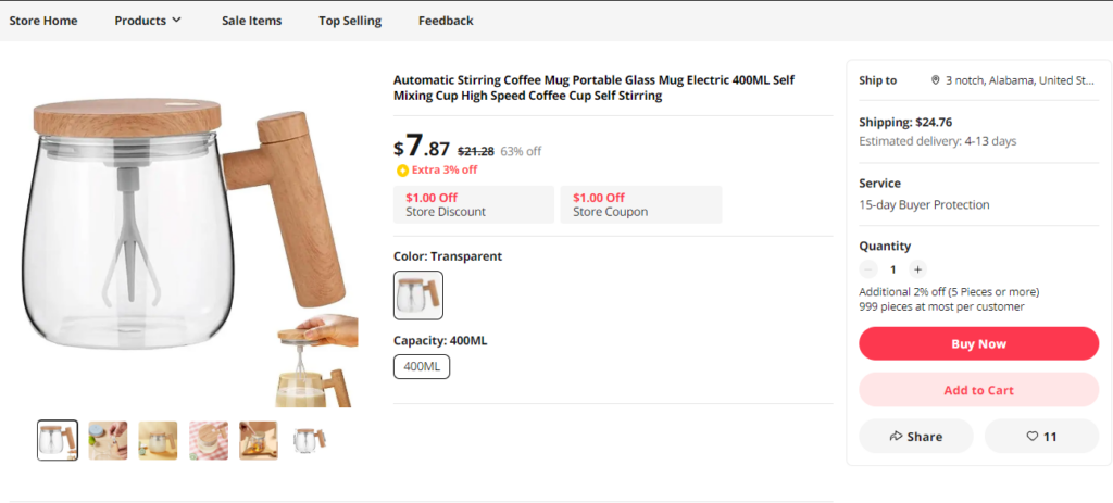 Product page of self-stirring cup.