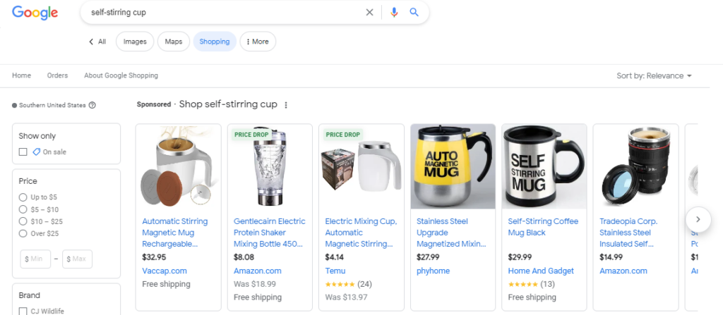 Google results for self-stirring cup.
