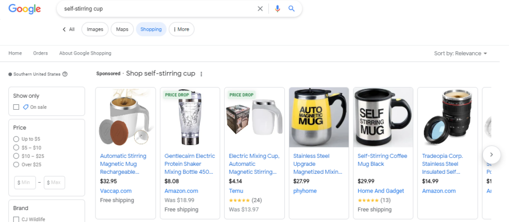 Résultats Google pour une tasse auto-remuante.