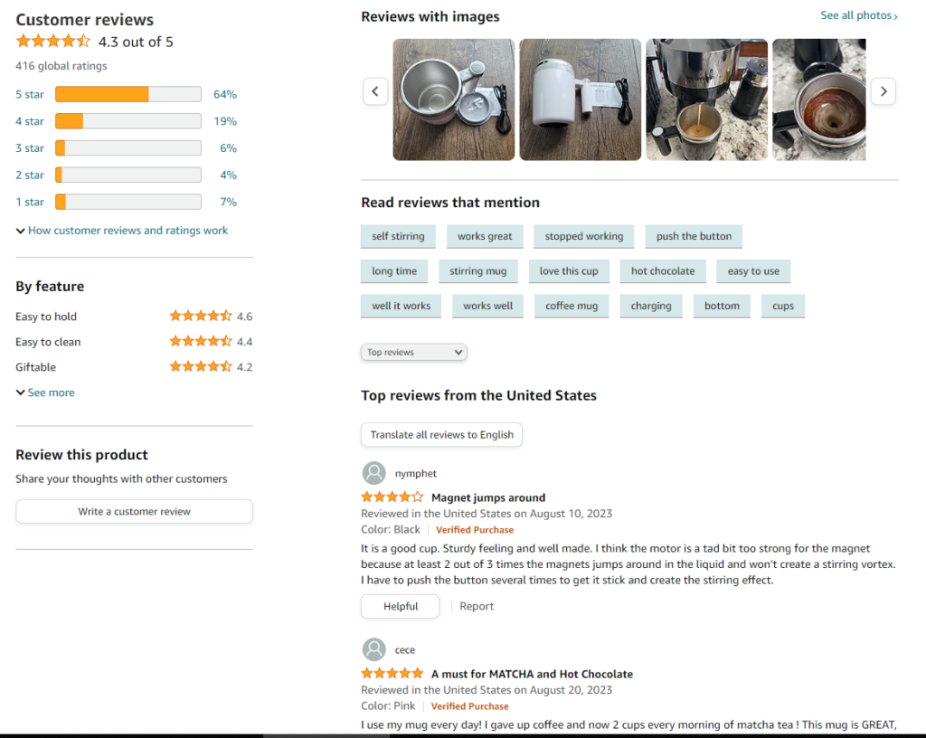 Product reviews of self-stirring cup.