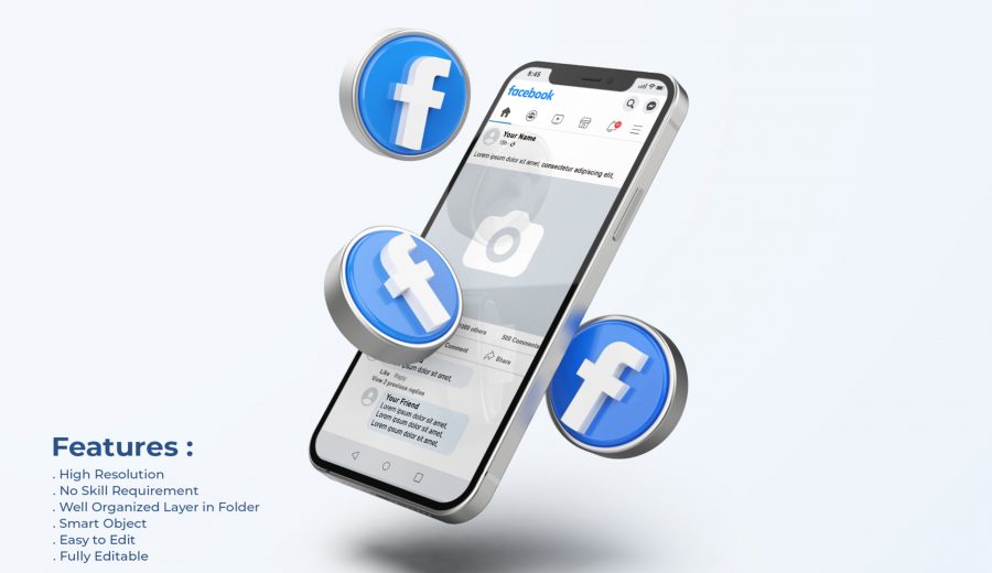 Facebook on Mobile Phone Mockup with 3d icons